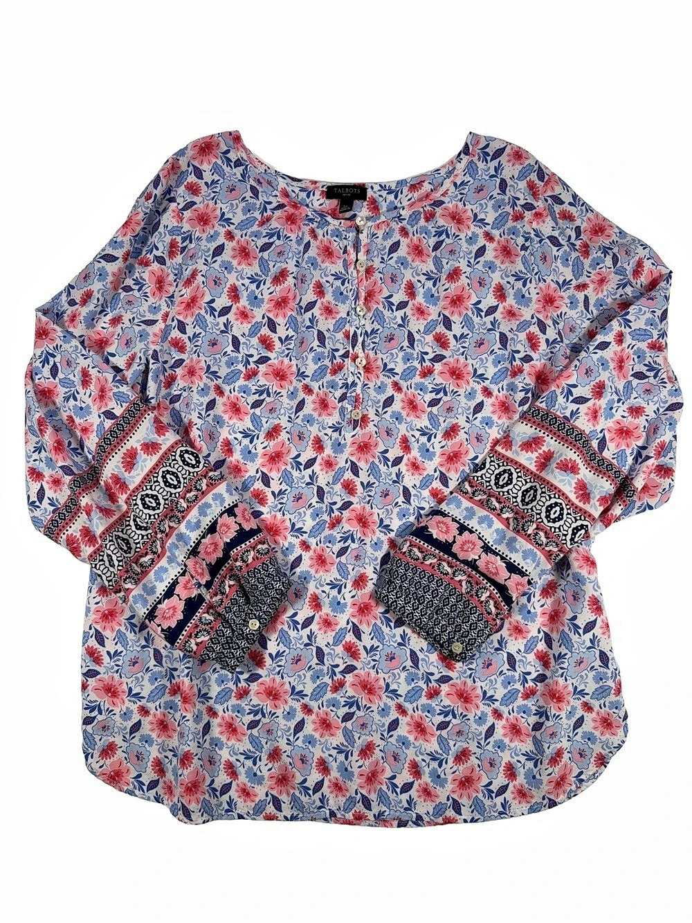 Talbots Floral Blouse in Blue & Pink Size Large Petite Like New